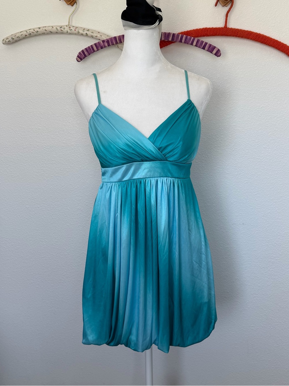 Vintage Y2K Ruby Rox Ombre Teal Bubble Hem Satin Mini Dress Size Small